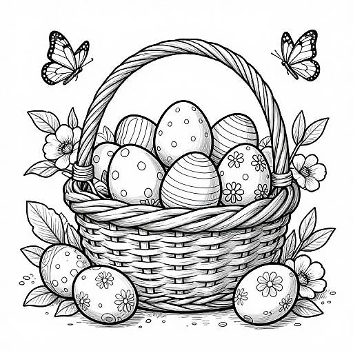 Black and white line drawing of a woven basket filled with decorated Easter eggs, surrounded by flowers and butterflies.
