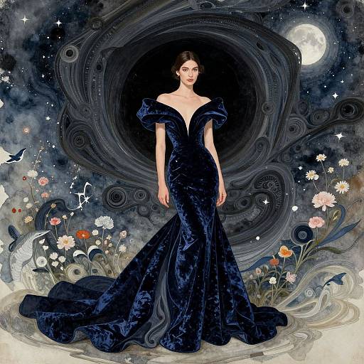 Ethereal Woman in Navy Velvet Gown
