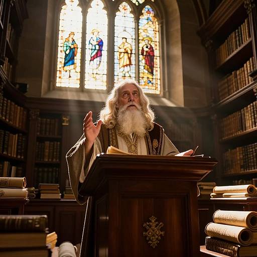Photograph of an elderly, white-bearded bishop in ornate robes, standing at a wooden lectern in a sunlit, book-filled library with