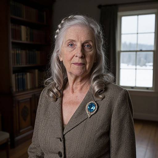 Photograph of an elderly white woman with silver curls, wearing a brown blazer with a blue gem brooch, standing in a dimly lit room