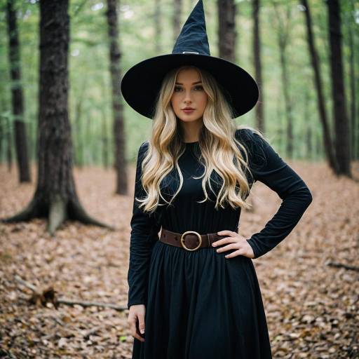 Blonde Woman in Witch Costume Standing in Forest