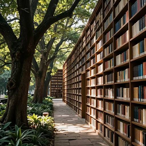 Photograph of a sunlit library walkway lined with tall trees, flanked by towering wooden bookshelves filled with colorful books.