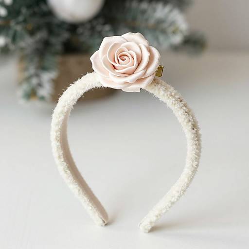 Photograph of a white, glittery headband adorned with a pink rose, set against a blurred, snowy Christmas tree background.