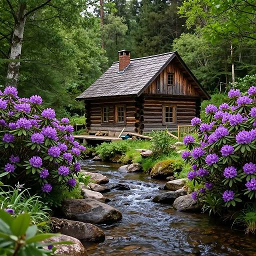 Photograph of a quaint wooden cabin with a shingled roof, surrounded by vibrant purple rhododendrons and a flowing stream, nestled in