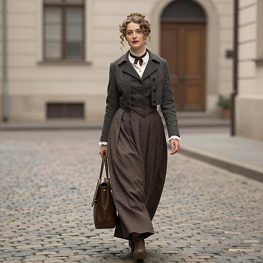 Elegant Woman in Vintage Attire on Cobblestone Street
