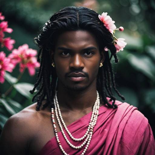 Portrait of Dark-Skinned Man in Pink Toga with Flowers