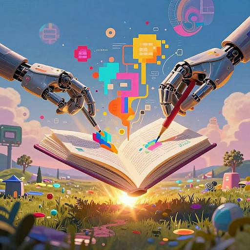 Digital artwork: Robotic hands write on a glowing open book, surrounded by colorful pixels and icons, in a vibrant, sunny meadow.