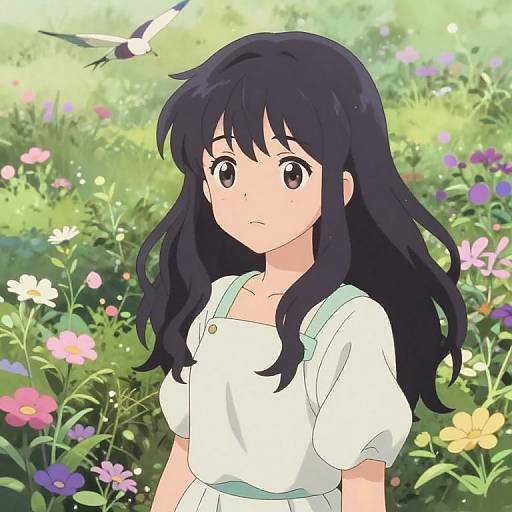 Anime-style digital drawing of a young girl with long black hair, wearing a white dress, standing in a vibrant, colorful flower garden with a bird flying