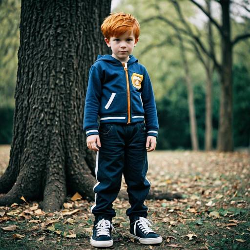 Young Redhead Boy Standing Outdoors by Tree