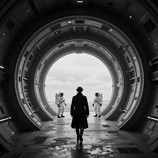 Silhouetted figure in a long coat walks through a futuristic, circular tunnel, flanked by three astronauts in white suits, into bright sunlight.