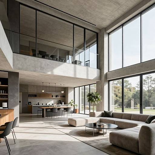 Modern, minimalist living room with concrete ceilings, large floor-to-ceiling windows, grey sectional sofa, and open kitchen; bright natural light.