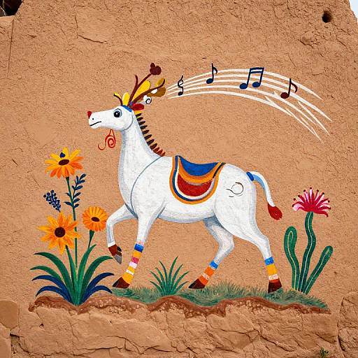 Colorful mural of a white horse with red, yellow, and blue accents, musical notes above, surrounded by sunflowers and cacti, on