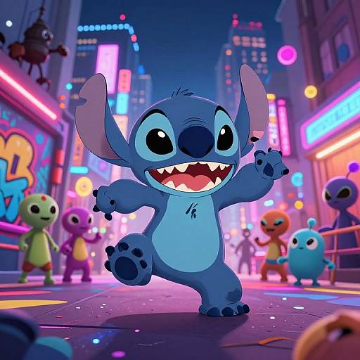 Digital artwork of Stitch, a blue, alien creature with large ears and sharp teeth, joyfully dancing in a vibrant, neon-lit city street at
