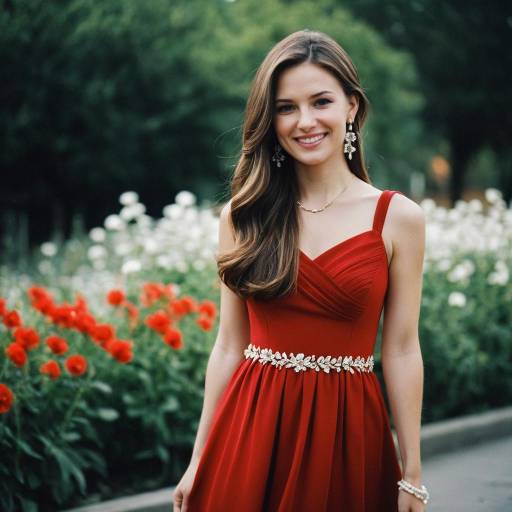 Elegant Girl in Red Dress Outdoors