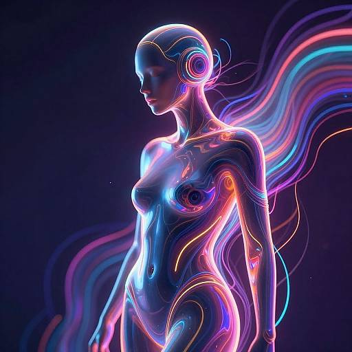 Digital artwork of a glowing, futuristic, nude female android with neon blue, pink, and purple circuit-like patterns, standing against a dark background.