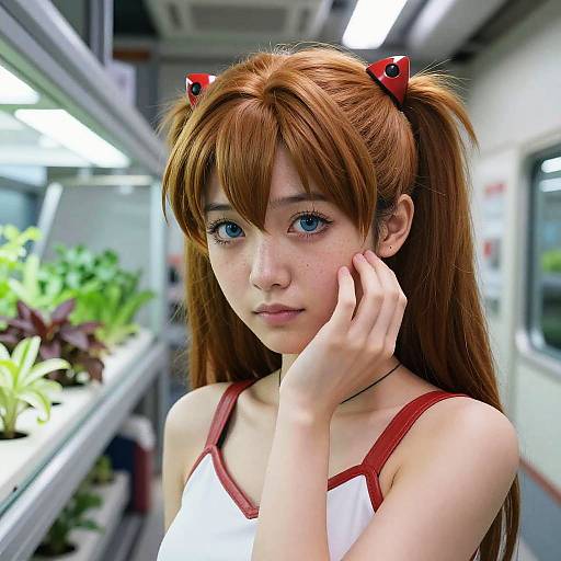 Photorealistic digital art of a young, fair-skinned anime girl with red hair in twin tails, wearing a white tank top with red trim,