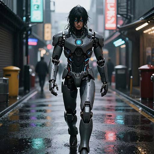 Cybernetic warrior with wet black hair walks down a neon-lit, rain-soaked urban alley at night, glowing blue chest emblem, futuristic