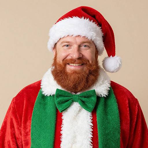 Photograph of a bearded man in a red Santa suit with white trim, green bow tie, and green scarf, smiling against a beige background.