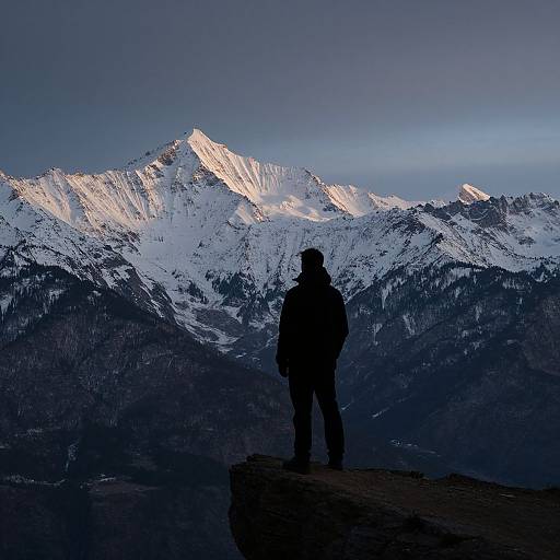 Silhouetted hiker stands on mountain peak, gazing at snow-capped, sunlit mountain range under a darkening, blue-hued