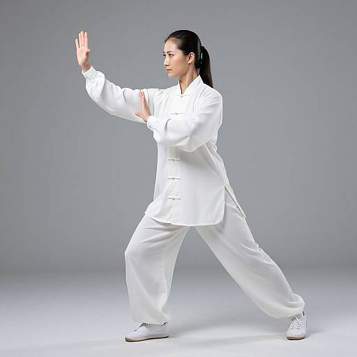 Photograph of a focused woman in a white martial arts uniform, performing a stance with her right arm raised, against a plain gray background.
