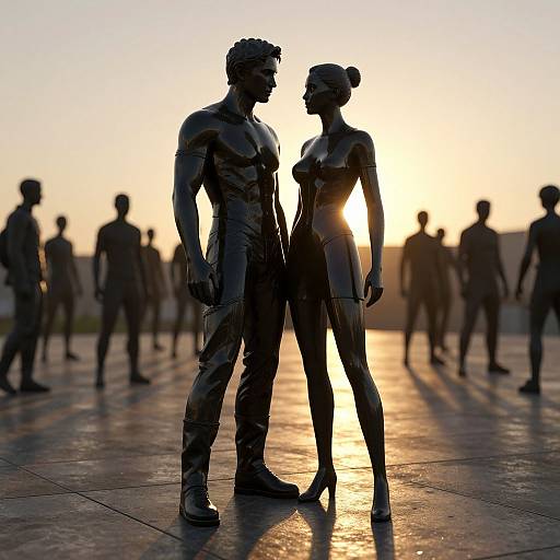 Photograph of a silhouetted, muscular male and female statues standing closely at sunset, surrounded by blurred, similar statues, with a glowing orange