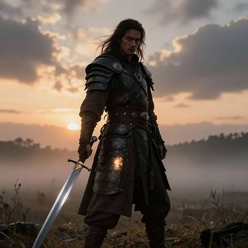 Photograph of a silhouetted, long-haired warrior with armor and sword, standing against a dramatic sunset sky and misty landscape.
