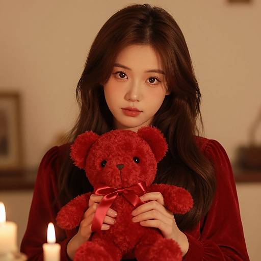 Asian woman with long black hair, wearing red velvet, holding a red teddy bear with a red ribbon, lit candles in background. Photograph.