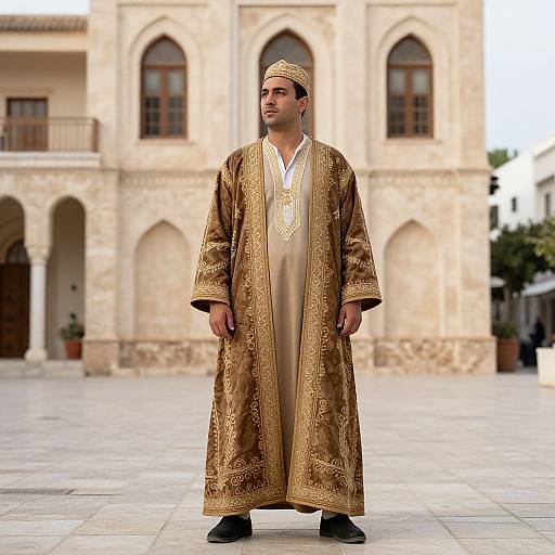 Photograph of a young Middle Eastern man in ornate gold traditional attire, standing in a sunlit, arched building courtyard.