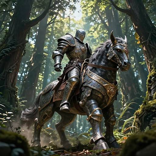 Digital art of armored knight riding ornate black horse in sunlit, dense forest; intricate armor glints, lush greenery surrounds.