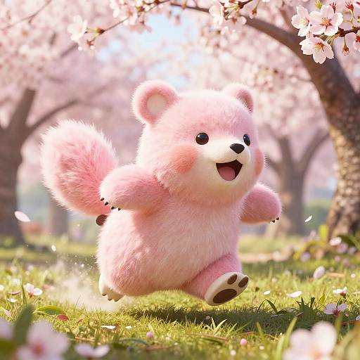 Energetic Pink Bear Pokémon in Cherry Blossoms