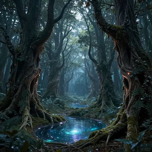 Digital fantasy forest scene with glowing blue pond, towering twisted trees, dense fog, and ethereal light reflections on the water.