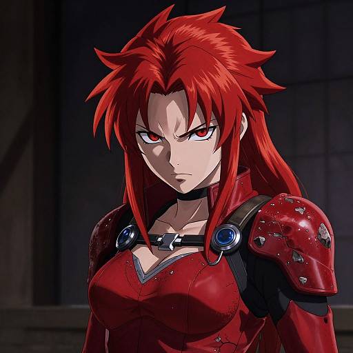 Digital anime-style drawing of a fierce woman with red spiky hair, red armor, and red eyes, set against a dark, shadowy background.
