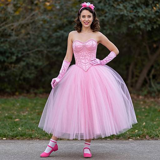 Photograph of a smiling woman in a pink, strapless, lace bodice ball gown with a tulle skirt, pink gloves, tiara,