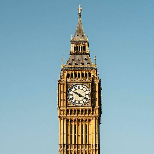 Photograph of the iconic Big Ben clock tower against a clear blue sky, showcasing its detailed Gothic architecture and prominent clock face.