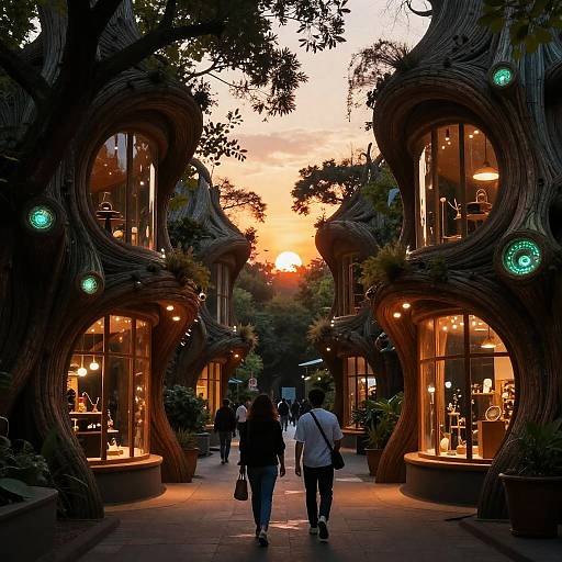 Bioluminescent Sunset Walk Among Wooden Shops