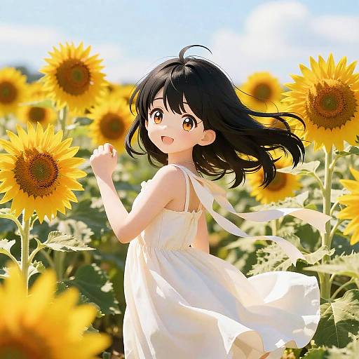 Anime-style digital drawing of a smiling girl with black hair, wearing a white sundress, standing in a sunflower field under a bright blue sky.