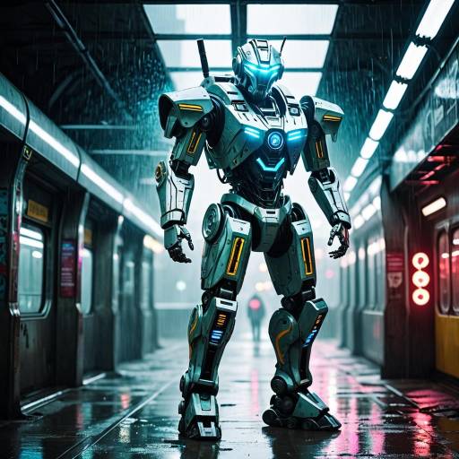 Futuristic Robot Guardian in Abandoned Subway