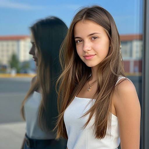 Photograph of a young woman with long brown hair, wearing a white tank top, standing in front of a reflective glass window, with a blurred reflection