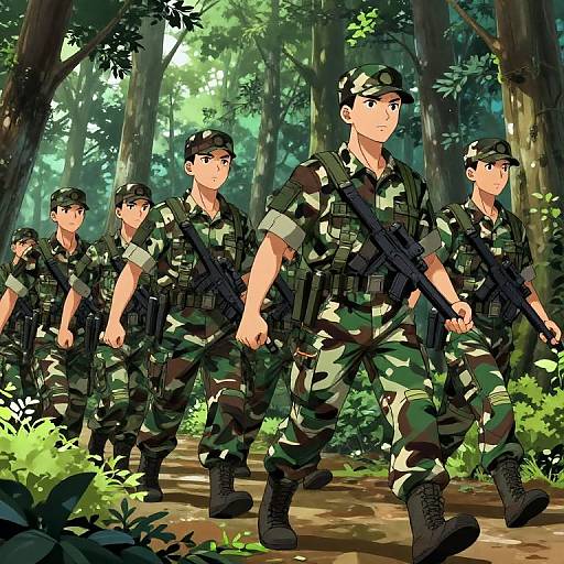 Anime-style digital illustration of five male soldiers in green camouflage uniforms and black caps, marching through a sunlit forest, holding rifles.
