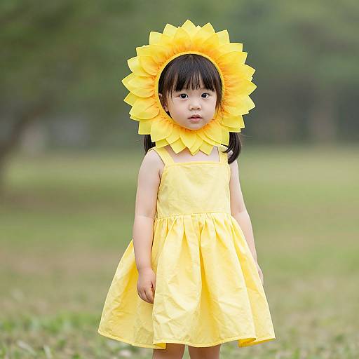 Photograph of an Asian toddler girl with black hair, wearing a yellow sunflower headband and dress, standing in a green grassy park.
