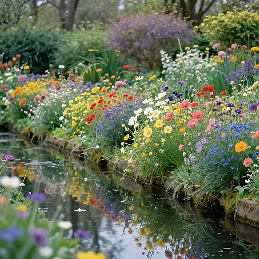 Vibrant photograph of a colorful garden by a reflective pond, featuring an array of red, yellow, white, blue, and purple flowers, surrounded