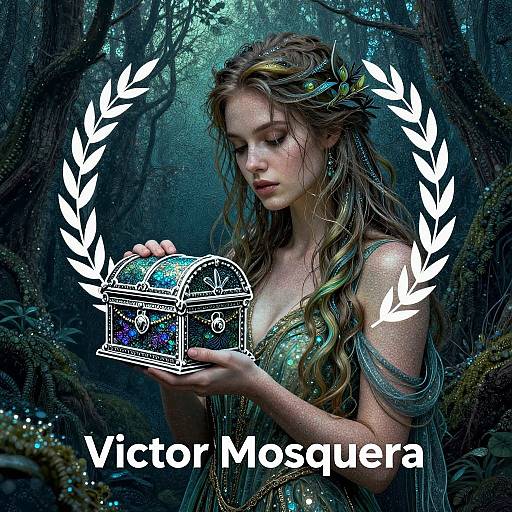 Digital fantasy artwork of a fair-skinned, long-haired, elven woman with green dress, holding a glowing treasure chest in a dark, mystical forest