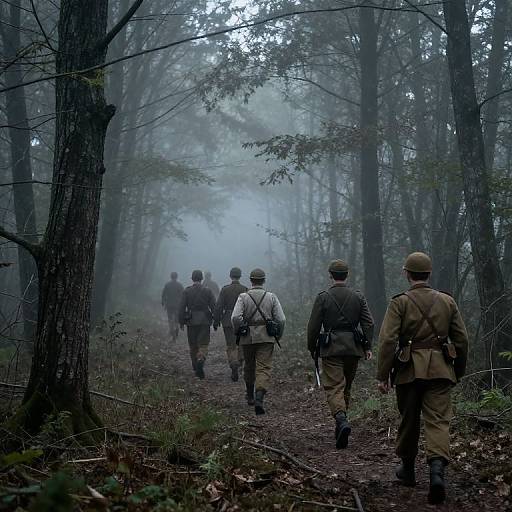 Photograph of WWII soldiers in uniform walking through a misty, dense forest; six soldiers visible, wearing helmets and backpacks, with tall trees and