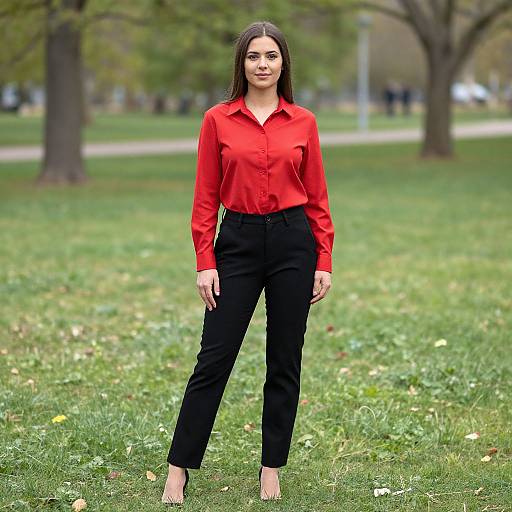 Photograph of a woman with long dark hair, wearing a bright red blouse and black pants, standing on green grass in a park with trees in the