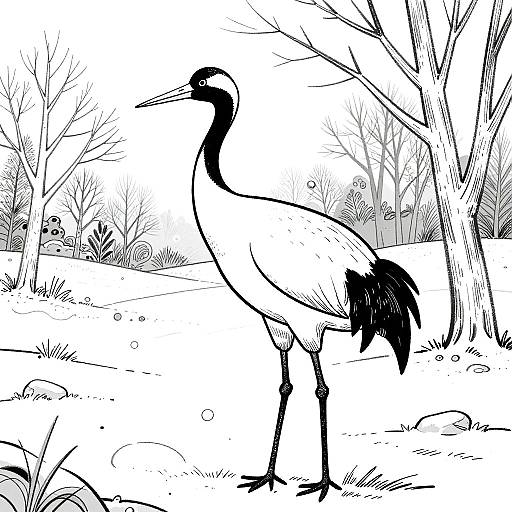 Monochrome Red-Crowned Crane Line Art
