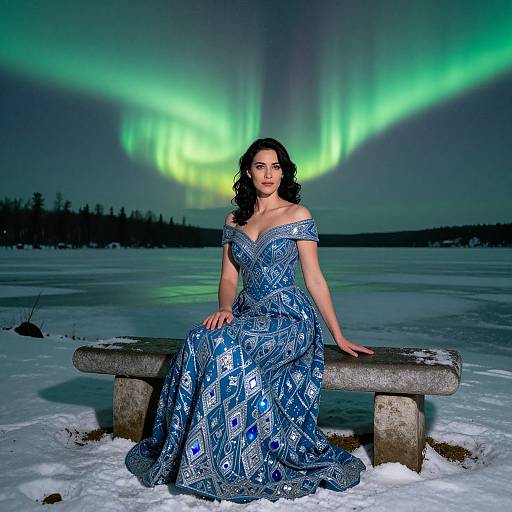 Photograph of a woman with dark curly hair, wearing an off-shoulder blue peacock-patterned gown, sitting on a stone bench in front