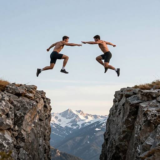 Two shirtless men in black shorts leap between rocky cliffs against a mountainous backdrop with snow-capped peaks under a clear sky.