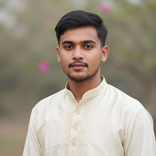 Photograph of a young South Asian man with short black hair, light brown skin, and a trimmed beard, wearing a white embroidered kurta, standing