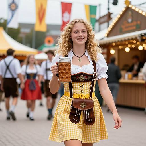 Photograph of a smiling blonde woman in a traditional Bavarian dirndl, holding a frothy beer mug, standing outdoors at a festive market.