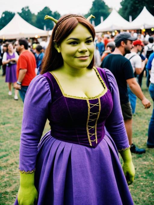 Woman in Shrek Cosplay Purple Dress at Festival